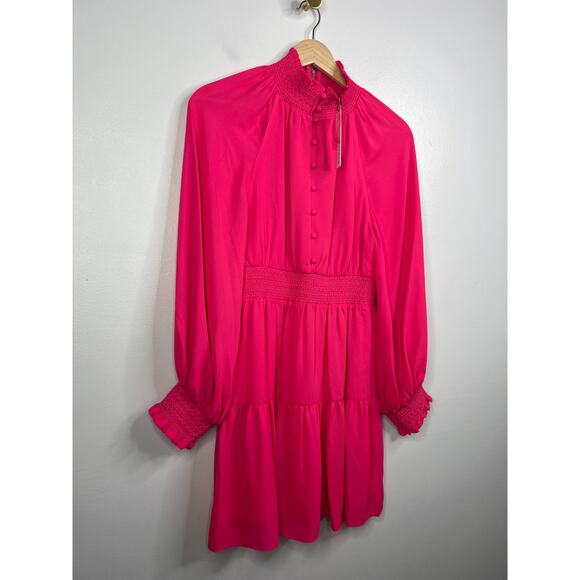 NWT Alice + Olivia Lavinia Smock Crepe Long Sleeve Fit & Flare Pink Mini Dress - Picture 4 of 10